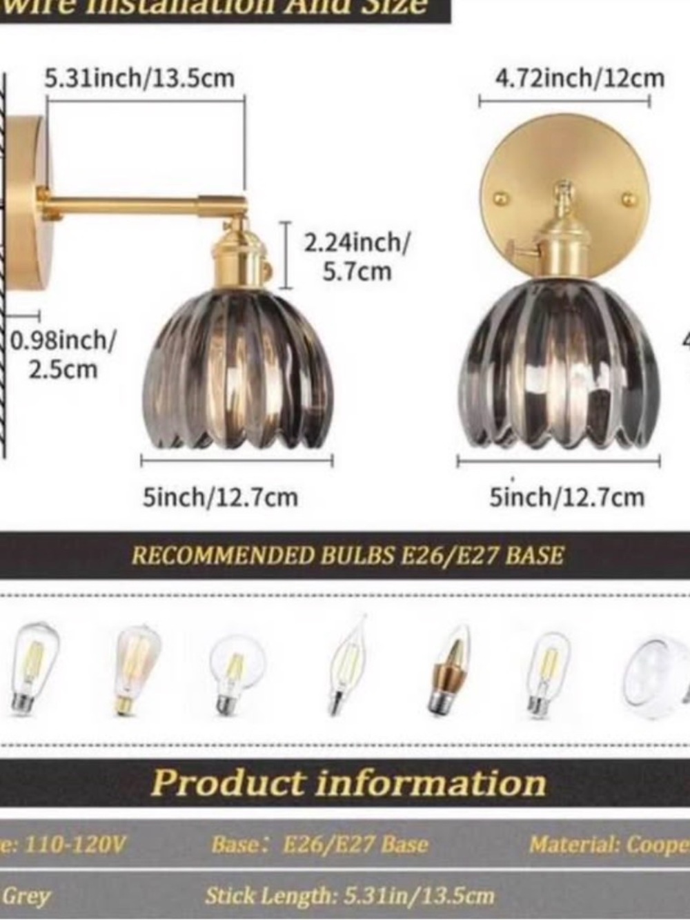 Gold Wall Sconce with Smoke Grey Glass Shade lotus flower shaped set of 2
